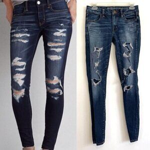 AMERICAN EAGLE AE Jegging Dark Wash Ripped Rips Distressed Jeggings Jeans 2 REG